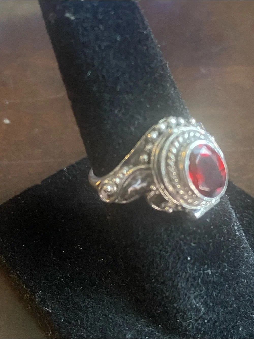 Sterling Silver Vintage Garnet Snuff Ring • Hinged Poisen Locket•Statement Ring